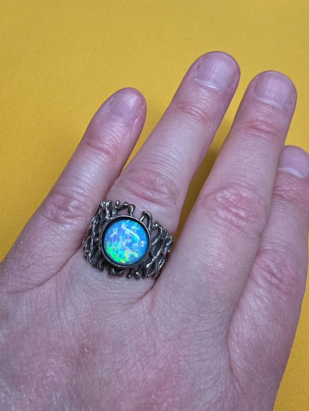 Brutalist-Style Sterling Ring w/a Likely Man-Made Opal  AS: 7.5-7.75